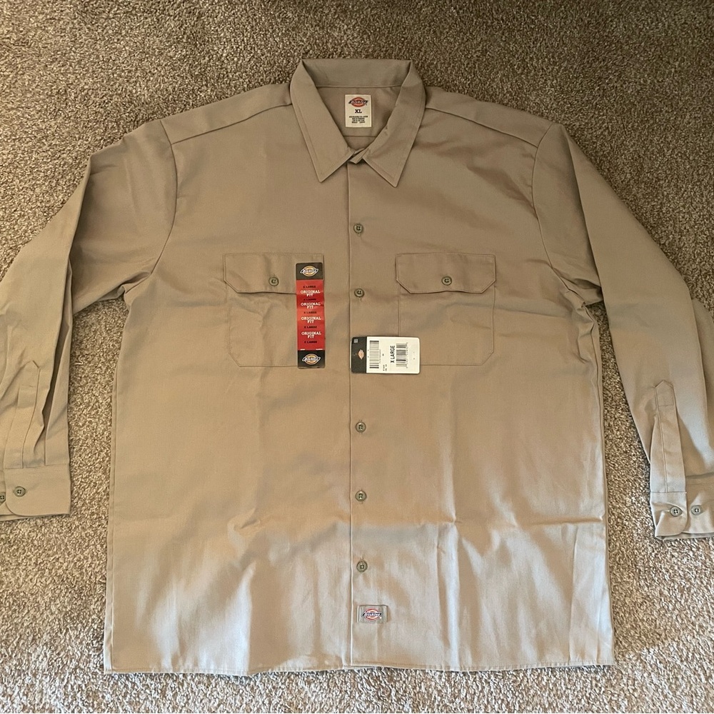 Dickies Long Sleeve Twill Button-Up Shirt, Khaki
